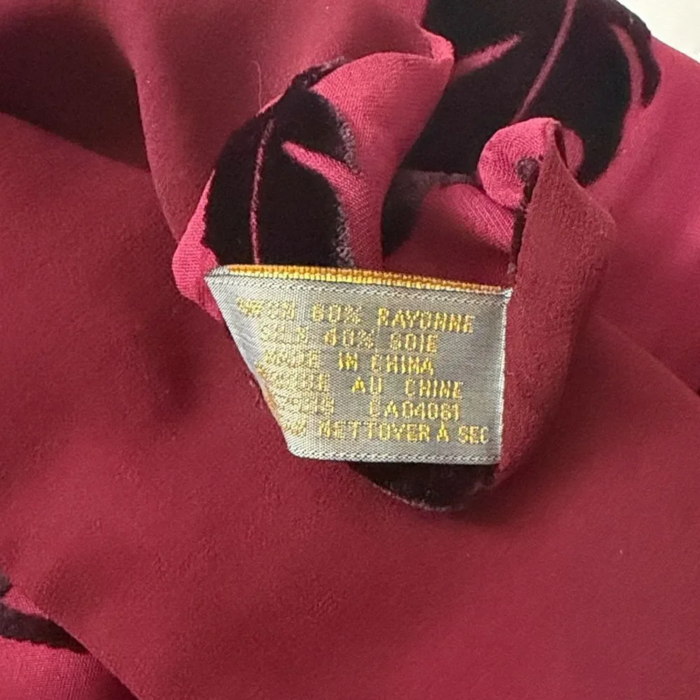 Elaine Gold Lined Scarf Rayon Silk Blend Burnout Velvet Burgundy Black Feathers